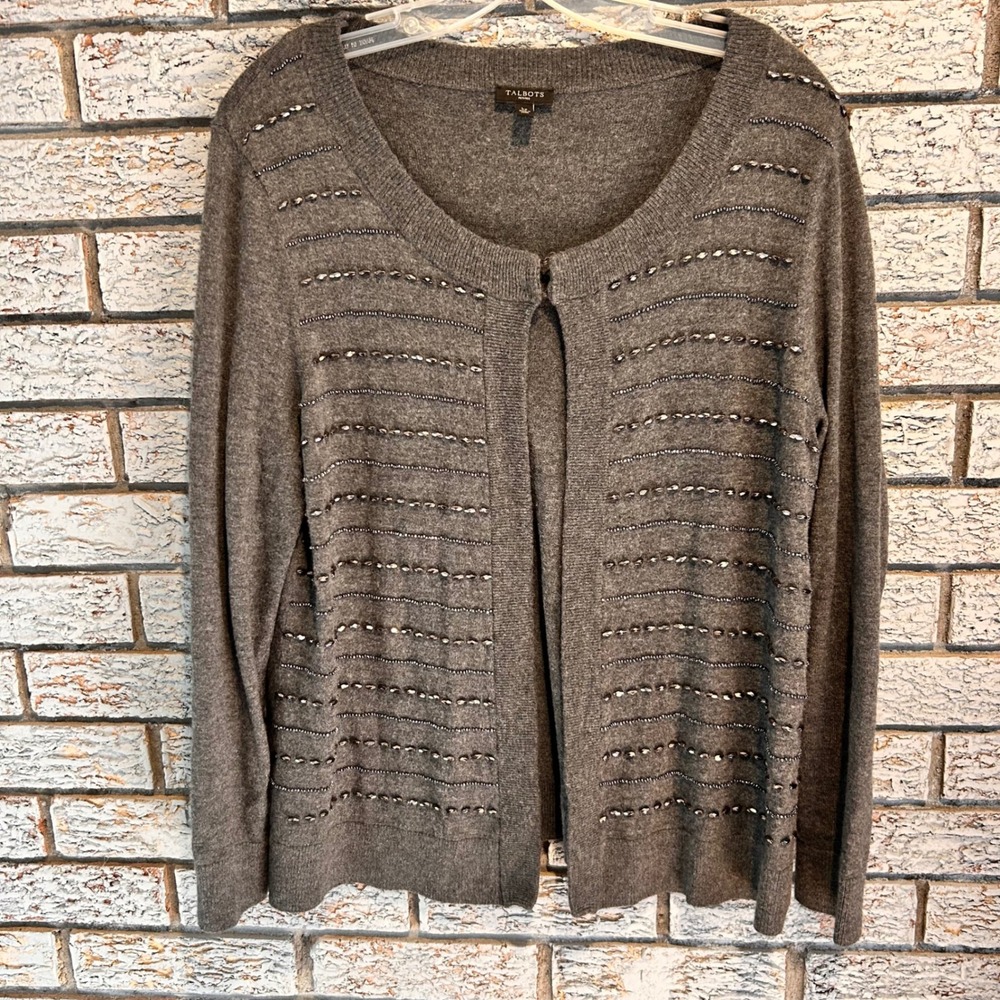 Talbots‎ Petites Gray Beaded Open Front Cardigan Lambswool Blend Sweater LP